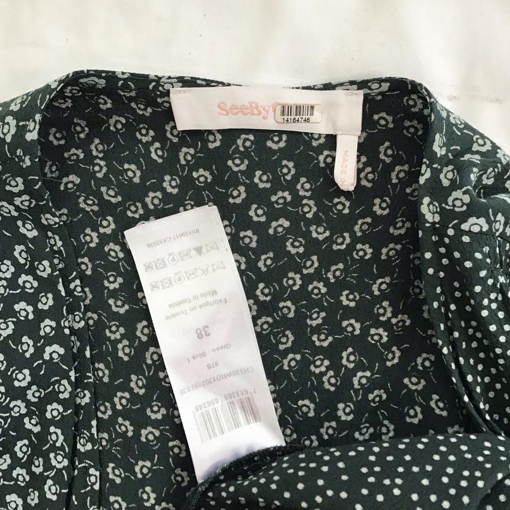 See By Chloé Women Elegant Dark Emerald Green & White Floral Midi Wrap Dress 6 - Picture 14 of 14